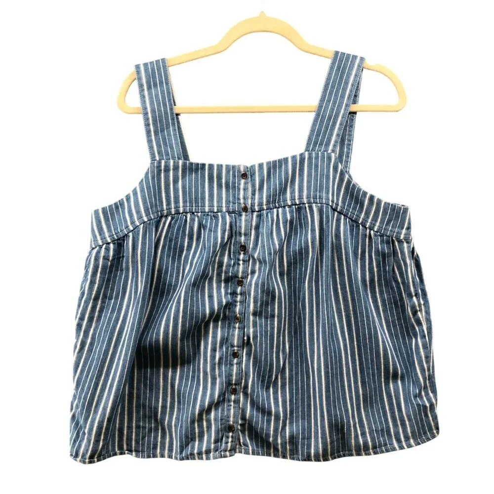 Old Navy Smocked Cami Top Womens L Chambray Striped Blue Square Neck Button - Picture 1 of 8
